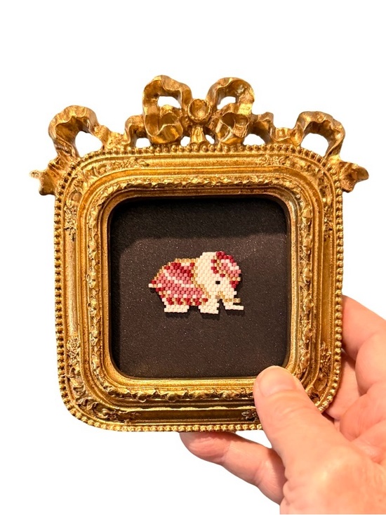 Hand Crafted Other - Hand-stitched Seed Bead Elephant Art, Miniature Ornate Gold Frame